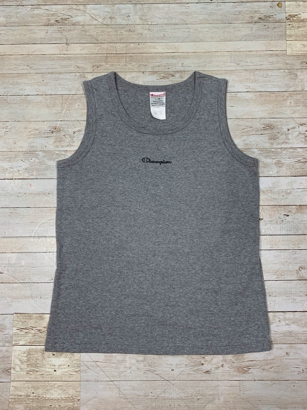 Vtg Gray Champion Logo Tank 100% Cotton Size L Vintage Athletic Active 90s Y2K
